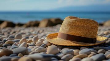 Straw hat resting on smooth pebbles by the serene beach during golden hour with gentle waves lapping nearby photo