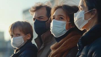 Family wearing masks during outdoor stroll in urban area on a sunny day photo
