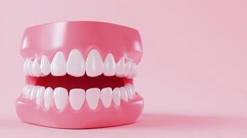 Realistic model of open mouth with bright white teeth against a pink background for dental education or creative design photo