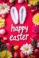 Bright Easter celebration featuring bunny ears, flowers, and decorative eggs on a vibrant background photo