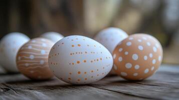 Colorful decorated eggs arranged on a wooden surface create a festive atmosphere for spring celebrations photo
