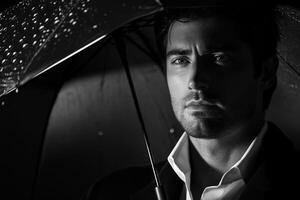 Man under umbrella in rain with serious expression during nighttime in urban setting photo