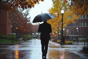 Businessman walks alone under an umbrella along a rainy path lined with autumn trees in a city early evening photo