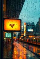 City street during rain showcases a glowing wifi sign amidst a vibrant urban backdrop at twilight photo