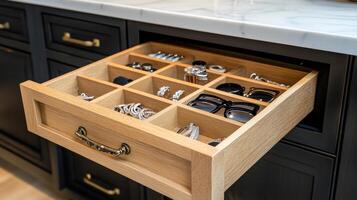 Organized jewelry drawer with various accessories in a modern kitchen photo