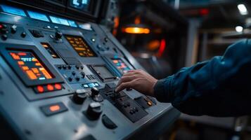 Control panel operation in a futuristic environment during a late-night shift photo