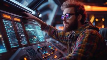 Young man with sunglasses controls a futuristic console while surrounded by digital displays in a high-tech environment photo