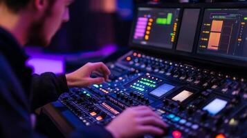 Sound engineer mixing audio at a live performance venue during a vibrant evening event photo