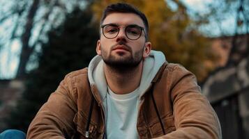 Young man sitting outdoors in a casual outfit during early evening with warm lighting and a thoughtful expression photo