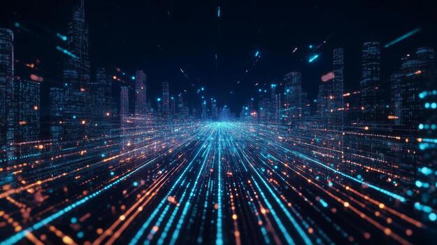 futurista paisaje urbano con brillante luces y dinámica movimiento creando un digital atmósfera a noche foto