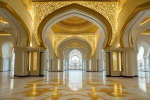 Intricate architectural design of a grand hall with ornate golden details in an elegant setting photo