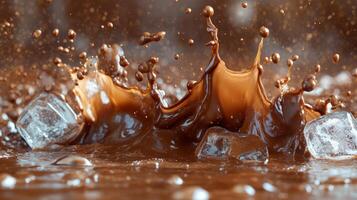 Chocolate splash with ice cubes creating dynamic ripples in liquid, showcasing deliciousness and indulgence, perfect for dessert lovers and chocolate enthusiasts, chocolate concept photo