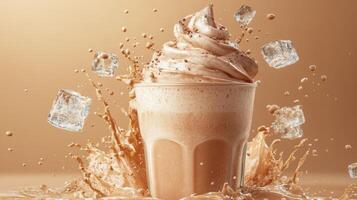 Creamy chocolate milkshake splashing with ice cubes in a refreshing beverage scene showcasing indulgence and enjoyment healthy eating concept photo