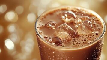 Refreshing iced coffee drink with ice cubes and bubbles in a glass, perfect for hot days and summer enjoyment, coffee beverage concept photo