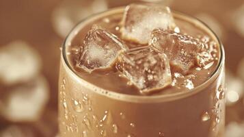 Refreshing iced coffee drink with ice cubes in a glass, perfect for hot summer days, energizing beverage concept photo