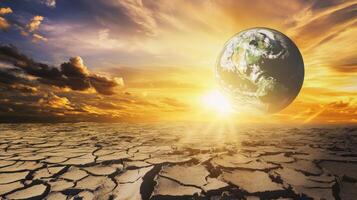 Landscape with cracked earth and glowing sun casting light on Earth in the background photo