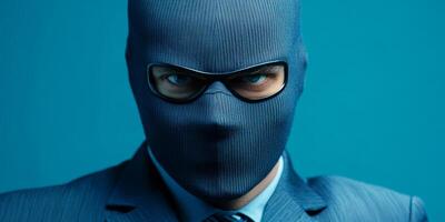 Individual wearing a ski mask and glasses in a blue setting, conveying an enigmatic and intense atmosphere photo
