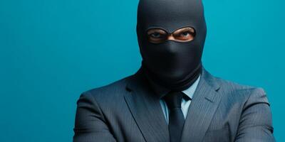 Man wearing a ski mask and suit stands confidently against a blue background, embodying an air of mystery and intrigue photo