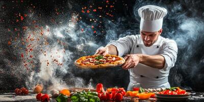 Chef skillfully preparing a pizza with fresh ingredients in a dramatic kitchen setting surrounded by colorful vegetables photo