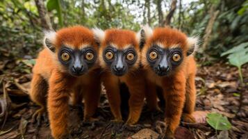 Three playful red lemurs exploring their lush forest habitat in Madagascar during a sunny day photo