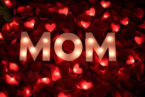 Heartfelt display of love for mom with glowing letters on a bed of red petals during a special celebration photo
