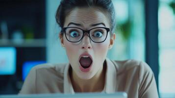 Shock and surprise radiate from a young professional intently gazing at her computer screen in a modern office setting photo