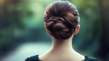 Sophisticated evening elegance with a beautifully styled updo in a serene outdoor setting photo