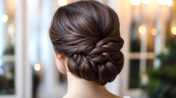 Elegant updo showcasing intricate craftsmanship for a night out at a grand venue illuminated by warm lights photo