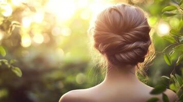 Elegant updo hairstyle featuring intricate details for a stunning evening look set against a lush garden background at sunset photo