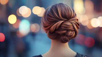 Elegant updo showcasing intricate styling perfect for a glamorous evening event in a vibrant city at night photo