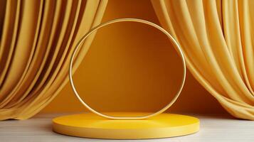 Showcasing minimalist elegance with a circular frame on a yellow pedestal in contemporary decor photo