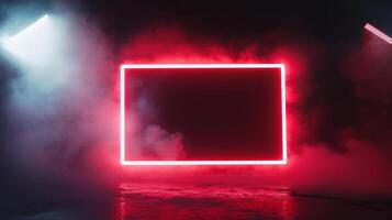 Neon light frame surrounded by smokey atmosphere creating a dynamic artistic space for modern creativity photo
