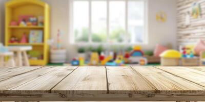 Cheerful and bright playroom with wooden table, colorful toys, and warm natural light creating a joyful space for children photo
