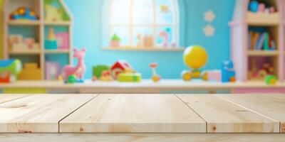 Bright playroom filled with cheerful toys and warm wooden accents creating a joyful family space for children to explore and learn photo