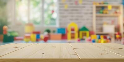 Bright and inviting wooden table in a vibrant playroom filled with colorful toys and educational materials for children's learning photo