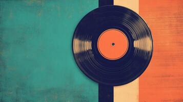 Vintage vinyl record on vibrant backdrop celebrates retro music culture and evokes nostalgia for classic sounds and tunes photo