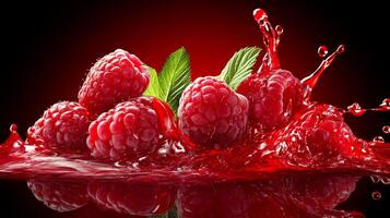Fresh raspberries splashing in vibrant red liquid creating a dynamic visual display photo