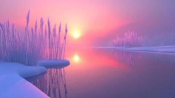 Winter sunrise over a tranquil river with icy banks and distant frosty reeds under a pastel sky photo