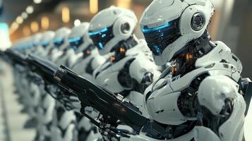 Advanced robots in formation preparing for a mission at a high-tech facility showcasing cutting-edge technology photo