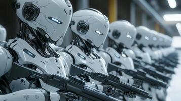 Robotic soldiers lined up in a futuristic facility ready for deployment photo