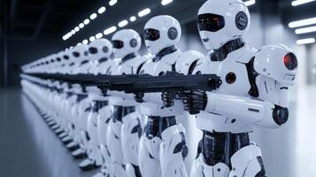 Futuristic robots stand in formation holding weapons in a high-tech facility during a demonstration of advanced technology photo