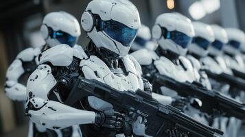 Robotic soldiers in formation demonstrating advanced technology during a futuristic exhibit photo