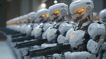 Futuristic robotic army stands in formation, ready for action in high-tech environment at dusk photo
