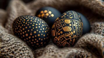 Decorative black and gold Easter eggs arranged on textured fabric with intricate patterns and designs photo
