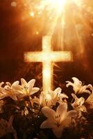 Light shining through flowers highlights a luminous cross in a serene moment of reflection photo
