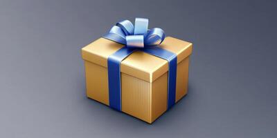 Gift box with blue ribbon on a neutral background ready for celebration or special occasion photo