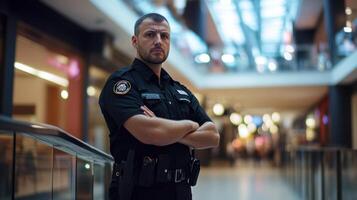 Security officer stands confidently in a modern shopping center during busy afternoon hours photo