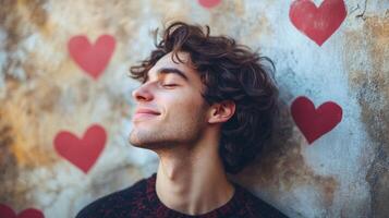 Young man smiles joyfully against a backdrop of heart decorations in an urban environment during daylight photo