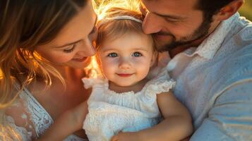 Joyful family moment in golden hour representing love and connection among parents and their smiling child photo