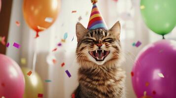 Celebration with a joyful cat wearing a party hat surrounded by colorful balloons and confetti indoors photo